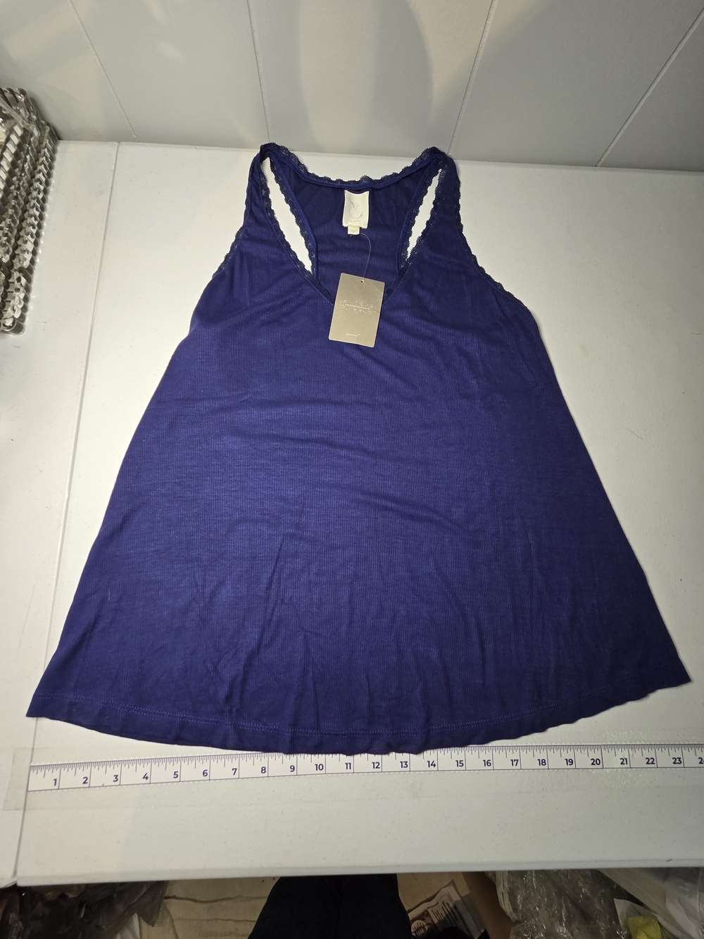 Anthropologie Dark Blue Racerback Tank with Laced Trim-Made In USA size M